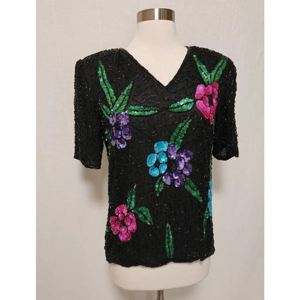 Womens 90s Vintage Stenay‎ Fully Sequin Beaded Blouse Size Small Flowers Black